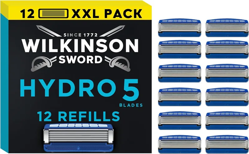 Wilkinson Sword ▫️ Hydro 5 lâminas de barbear para homem, com revestimento de carbono, gel hidratante e aparador de precisão, embalagem com 12 recargas de lâminas de barbear