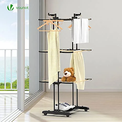 VOUNOT ▫️ ® Estendal Vertical Tipo Torre, Estendais de Roupa Dobráveis, Estantes de Secagem de Roupa em Metal com 6 Braços Dobráveis e 4 Rodas, Aspecto de Madeira, 3 Níveis 2