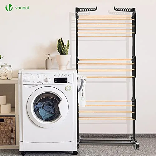 VOUNOT ▫️ ® Estendal Vertical Tipo Torre, Estendais de Roupa Dobráveis, Estantes de Secagem de Roupa em Metal com 6 Braços Dobráveis e 4 Rodas, Aspecto de Madeira, 3 Níveis 4