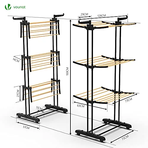 VOUNOT ▫️ ® Estendal Vertical Tipo Torre, Estendais de Roupa Dobráveis, Estantes de Secagem de Roupa em Metal com 6 Braços Dobráveis e 4 Rodas, Aspecto de Madeira, 3 Níveis 6