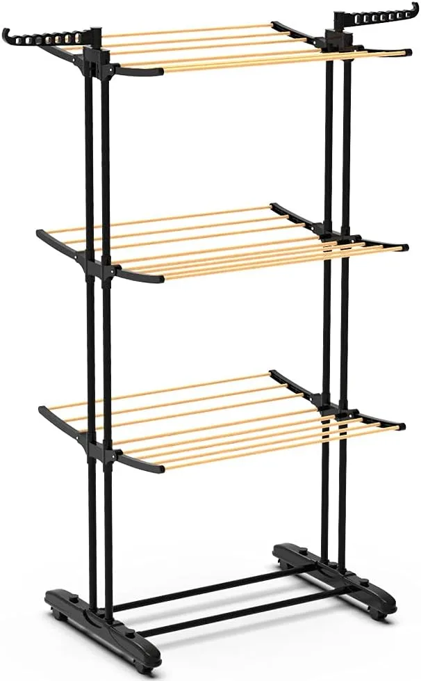 VOUNOT ▫️ ® Estendal Vertical Tipo Torre, Estendais de Roupa Dobráveis, Estantes de Secagem de Roupa em Metal com 6 Braços Dobráveis e 4 Rodas, Aspecto de Madeira, 3 Níveis