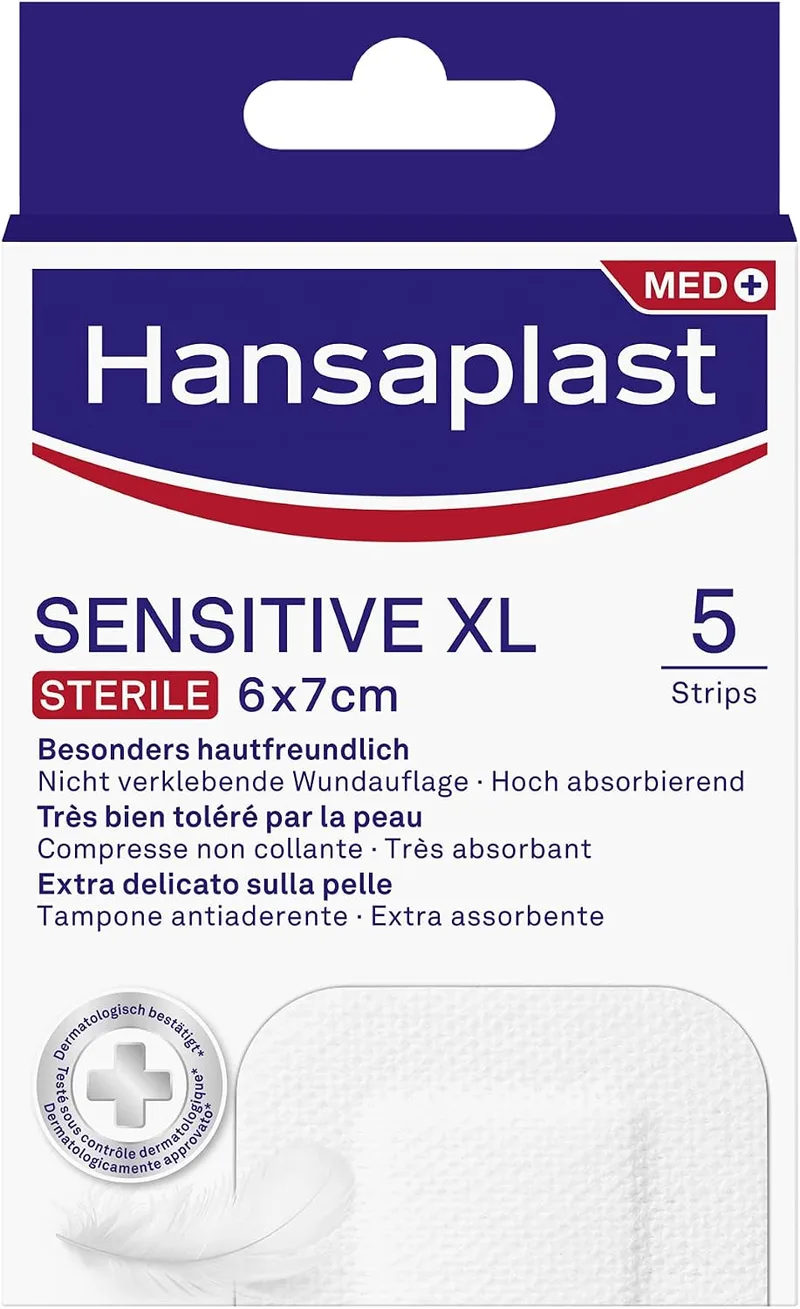 Hansaplast ▫️ Pensos Sensitive XL, pensos para a proteção de feridas de tamanho médio a grande, pensos hipoalergénicos e esterilizados, sem látex, 1 embalagem com 5 unidades de 6 x 7 cm