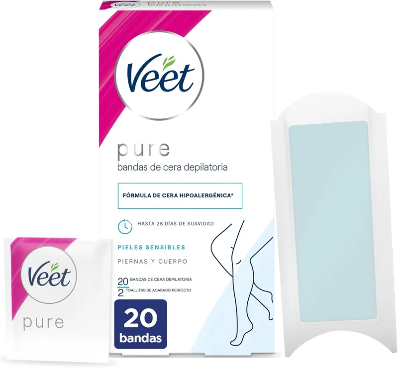 Veet ▫️ Pure - Tiras de cera fria para depilação das pernas e do corpo, fórmula hipoalergénica para peles sensíveis, 20 tiras