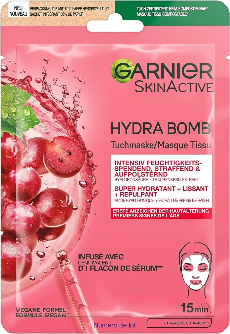 Garnier ▫️ Máscara de tecido, máscara facial para os primeiros sinais de envelhecimento, reafirmante, preenchedora e hidratante, com ácido hialurónico e extrato de semente de uva, Hydra Bomb, 28 g