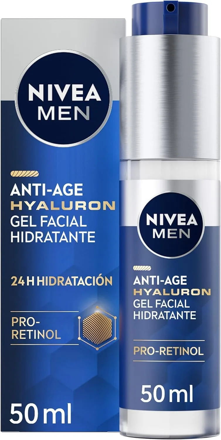 NIVEA MEN ▫️ Hyaluron Gel Hidratante Anti-Envelhecimento para o Rosto (1 x 50 ml), gel refirmante redutor de rugas para homem com Ácido Hialurónico