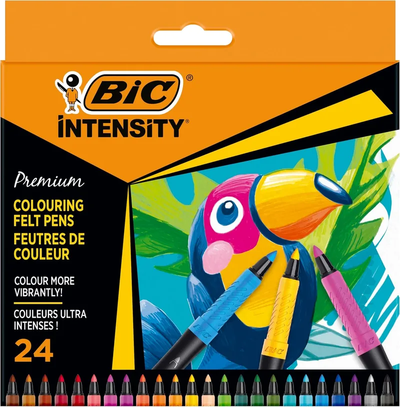 BIC ▫️ Intensity, marcador preto de qualidade superior com pega de borracha confortável, ideal para colorir e trabalhos manuais para adultos, cores sortidas, embalagem de 24 unidades.