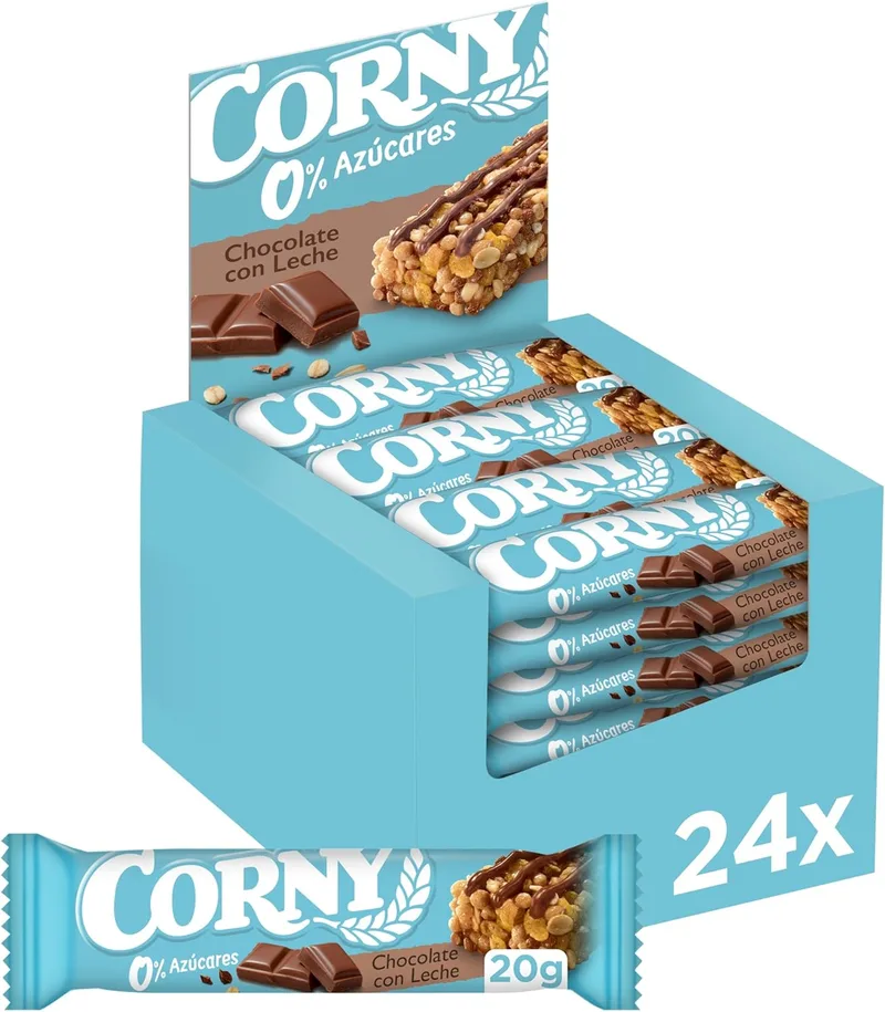 Corny ▫️ 0% Barras de cereais de chocolate com leite, sem adição de açúcares, baixo teor de calorias e de gorduras saturadas, fonte de energia, fibras e proteínas, 24 x 20 gramas