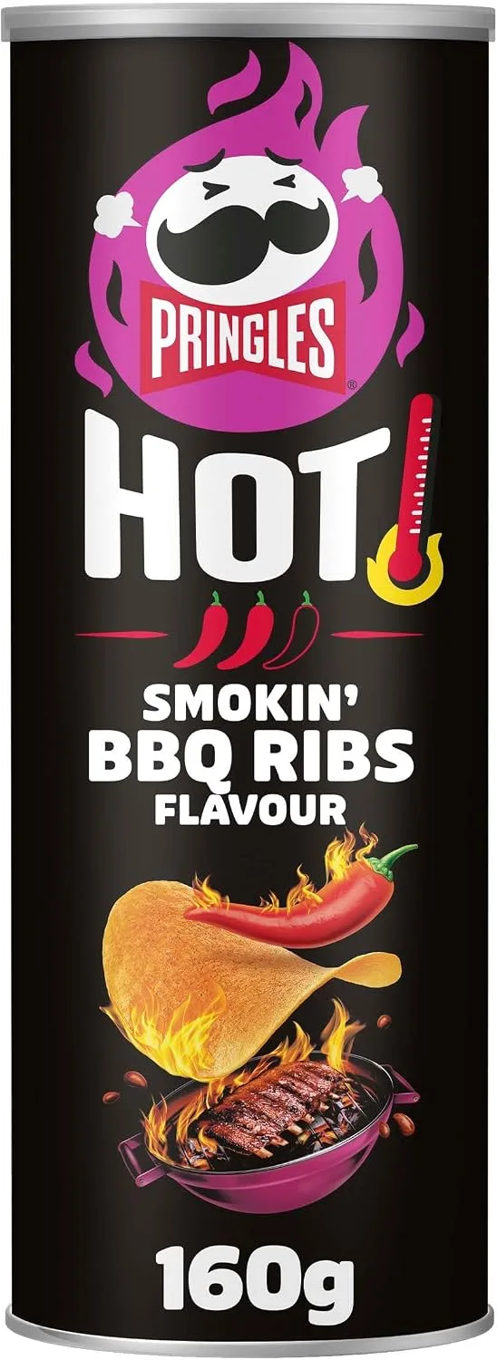 Pringles ▫️ Hot Smokin' BBQ Ribs | Petisco salgado picante com sabor a costeletas BBQ | Tubo | 160 g