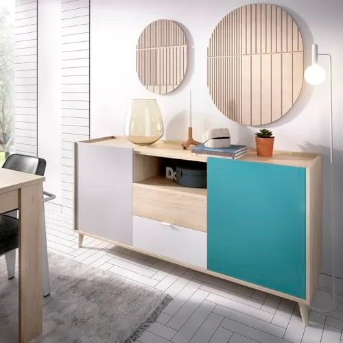 DEKIT GRUPO RIMOBEL ▫️ NOVA - APARADOR DE 2 PORTAS E 2 GAVETAS COM ESPAÇO DE ARMAZENAMENTO - 75 x 155 x 43 cm - BRANCO / NATURAL / CINZENTO / ESMERALDA 2