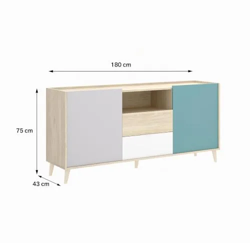 DEKIT GRUPO RIMOBEL ▫️ NOVA - APARADOR DE 2 PORTAS E 2 GAVETAS COM ESPAÇO DE ARMAZENAMENTO - 75 x 155 x 43 cm - BRANCO / NATURAL / CINZENTO / ESMERALDA 3