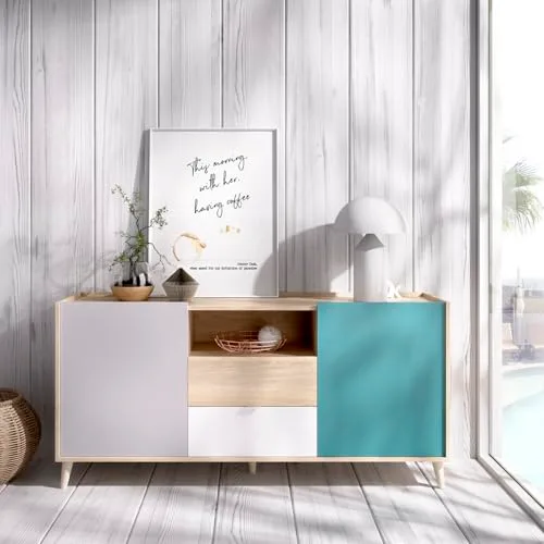 DEKIT GRUPO RIMOBEL ▫️ NOVA - APARADOR DE 2 PORTAS E 2 GAVETAS COM ESPAÇO DE ARMAZENAMENTO - 75 x 155 x 43 cm - BRANCO / NATURAL / CINZENTO / ESMERALDA 4