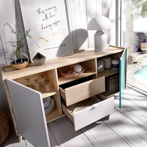 DEKIT GRUPO RIMOBEL ▫️ NOVA - APARADOR DE 2 PORTAS E 2 GAVETAS COM ESPAÇO DE ARMAZENAMENTO - 75 x 155 x 43 cm - BRANCO / NATURAL / CINZENTO / ESMERALDA 5