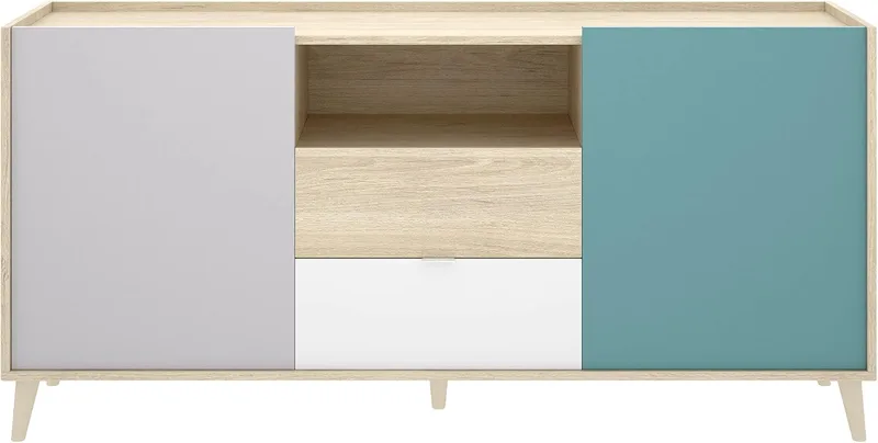 DEKIT GRUPO RIMOBEL ▫️ NOVA - APARADOR DE 2 PORTAS E 2 GAVETAS COM ESPAÇO DE ARMAZENAMENTO - 75 x 155 x 43 cm - BRANCO / NATURAL / CINZENTO / ESMERALDA