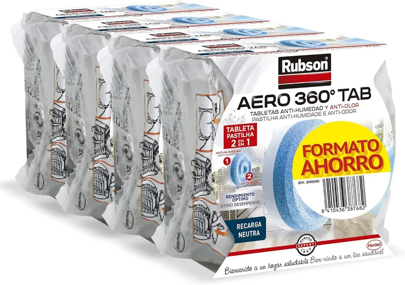 Rubson ▫️ Aero 360° Tab – Pastilhas de substituição para desumidificador, 4 recargas de 450 g