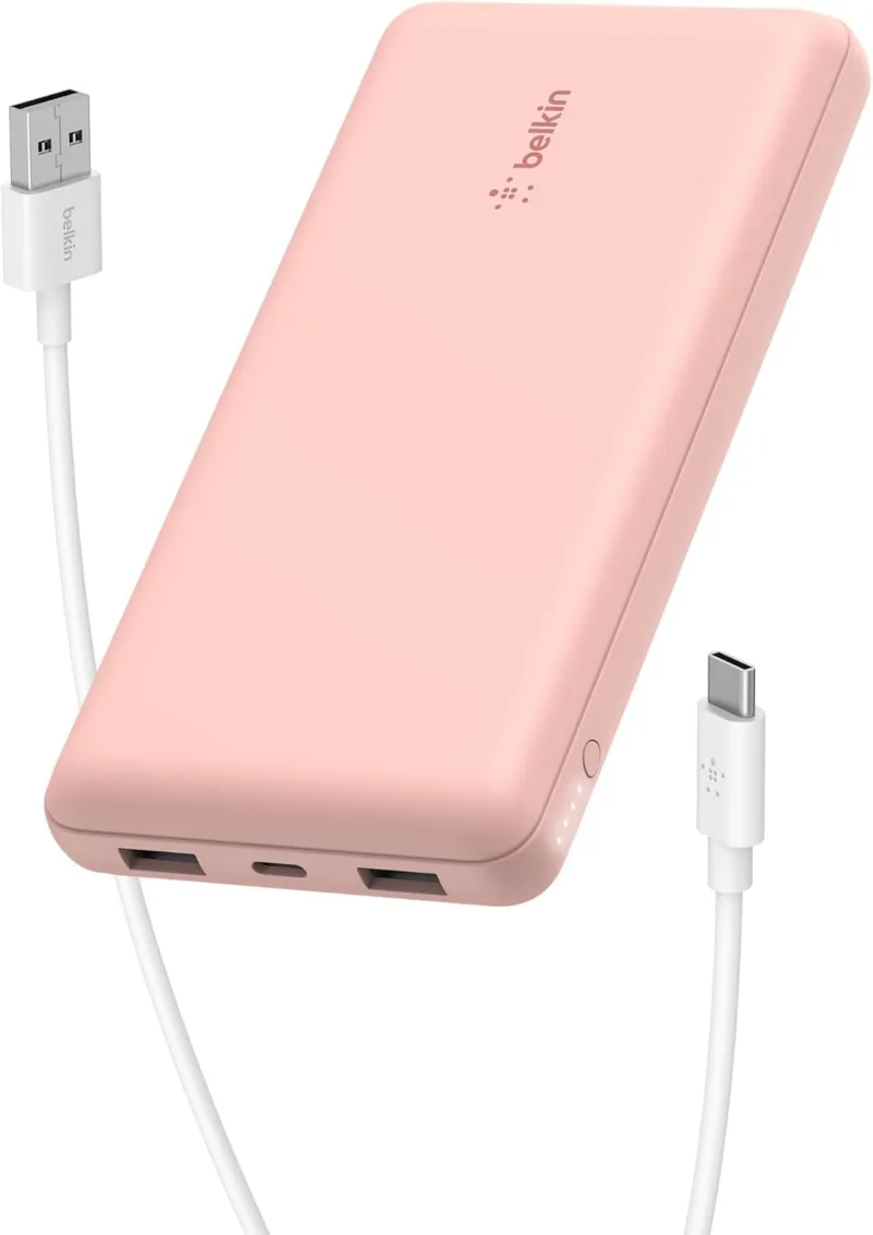 Belkin ▫️ Bateria externa portátil 10000mAh, carregador externo USB-C com 1 porta USB-C e 2 portas USB-A, banco de potência de 15W, bateria portátil para iPhone, Galaxy, Pixel, AirPods, iPad, mais - ouro rosa