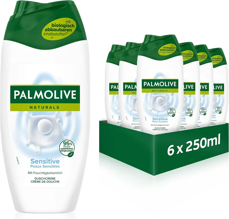 Palmolive ▫️ Gel de banho natural, para peles sensíveis, 6 x 250 ml, gel de banho com leite hidratante