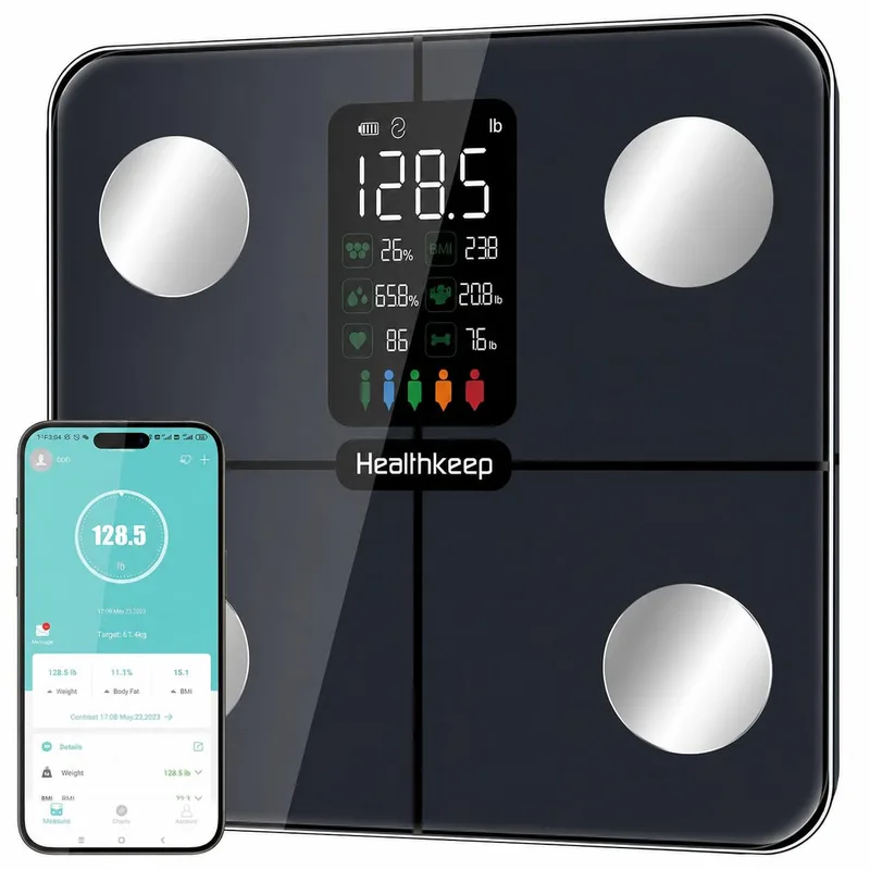 Healthkeep ▫️ Balança de gordura corporal balança de casa de banho, balança digital inteligente com função de ritmo cardíaco, 15 dados corporais, ecrã VA extra grande, preto