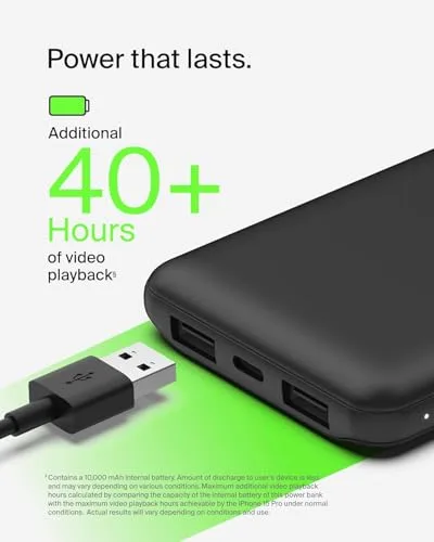 Belkin ▫️ Bateria externa BoostCharge de 10 000 mAh com portas USB-C e USB-A - Preta 3