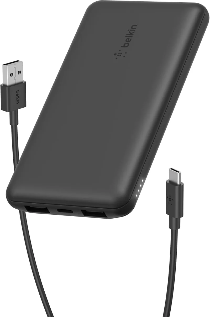 Belkin ▫️ Bateria externa BoostCharge de 10 000 mAh com portas USB-C e USB-A - Preto | Power Bank de 10 000 mAh, carrega até 3 dispositivos, 1 porta USB-C e 2 portas USB-A, 15 W, LED e fabricado com plástico reciclado