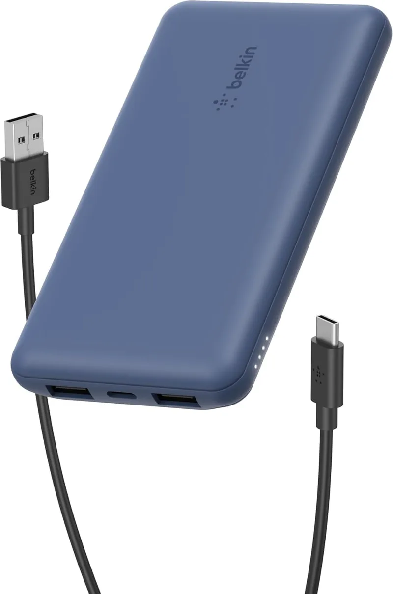 Bateria externa portátil Belkin 10000mAh, carregador externo USB-C com 1 porta USB-C e 2 portas USB-A, banco de potência de 15 W, bateria portátil para iPhone, Galaxy, Pixel, AirPods, iPad e outros - azul