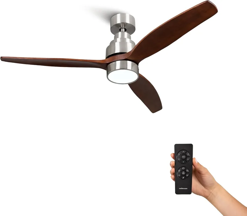 Mellerware ▫️ Brizy Bright Ventilador de Teto com Controlo Remoto de 30 Watts | 6 Velocidades | Ultra Silencioso | 3 Pás 132 in Diameter | Função verão-inverno | Temporizador | LED | Darkwood | Darkwood