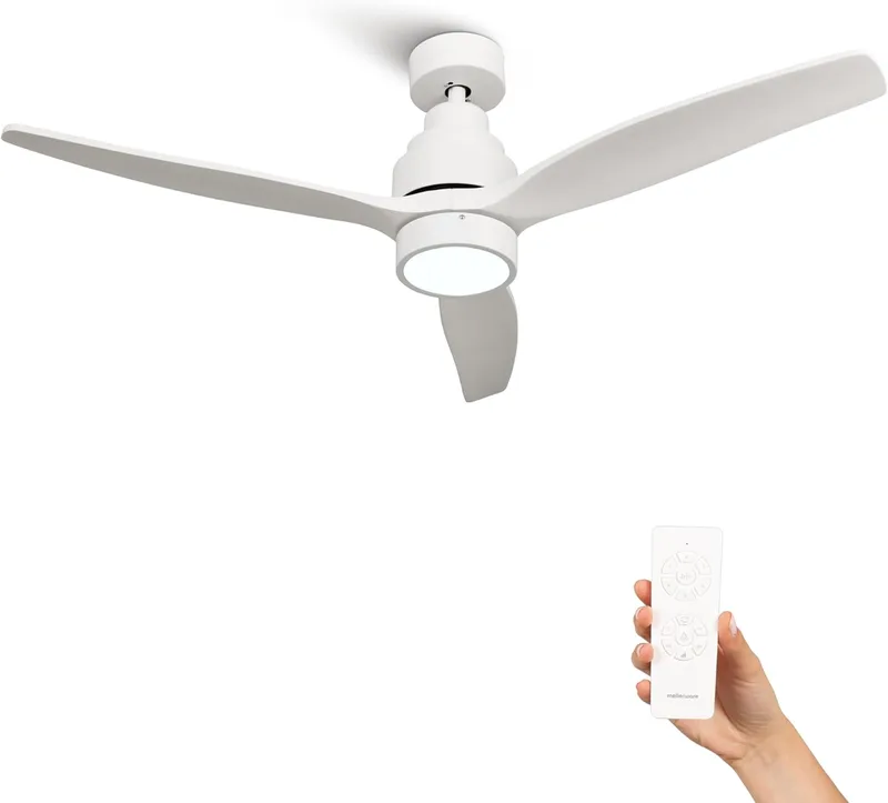 Mellerware ▫️ Brizy Bright Ventilador de teto com controlo remoto de 30 watts | 6 velocidades | Ultra-silencioso | 3 pás de 132 in de diâmetro | Função verão-inverno | Temporizador | LED | Branco