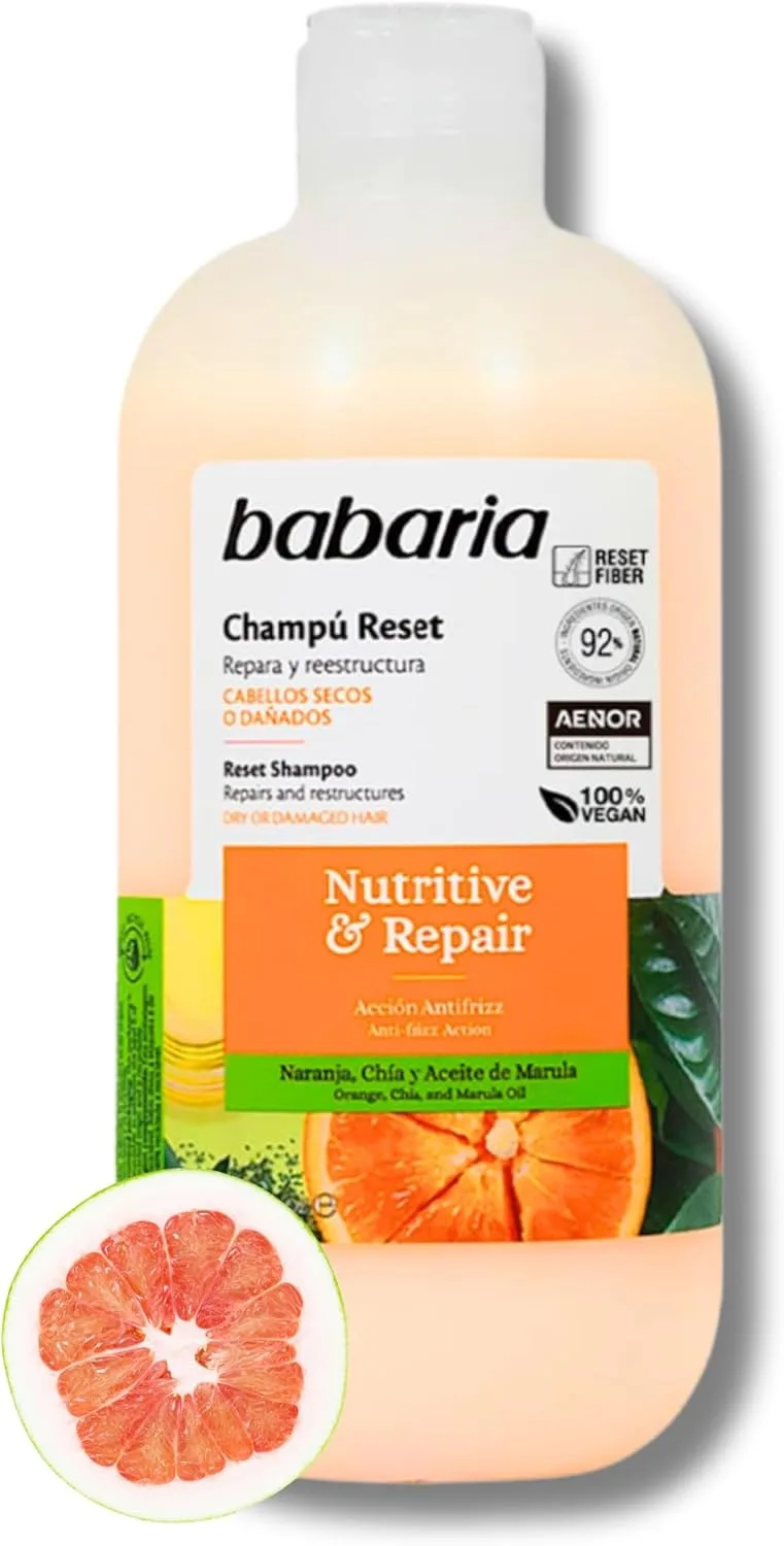Babaria ▫️ Champô para Cabelo Seco e Danificado | Champô Antiqueda para Mulher 500 ml | Champô sem sulfatos nem parabenos com aloé vera | Champô natural Reset com laranja