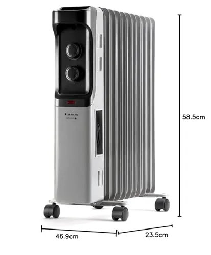 Taurus ▫️ Dakar - Radiador de óleo com 11 elementos, 2500 W, 3 níveis de potência, termóstato ajustável, proteção contra sobreaquecimento, pega e rodas, baixo consumo, luz indicadora, cinzento 3