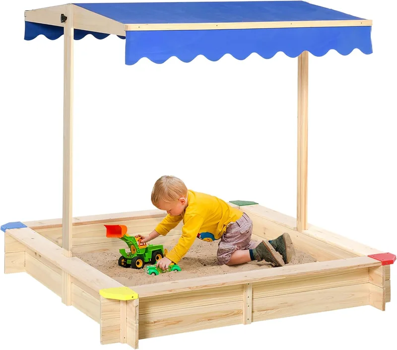 Outsunny ▫️ Caixa de areia para crianças de madeira com gaveta para areia Dossel ajustável Dossel espaçoso 120x120x120 cm para exterior Jardim exterior Madeira Natural Cor de madeira