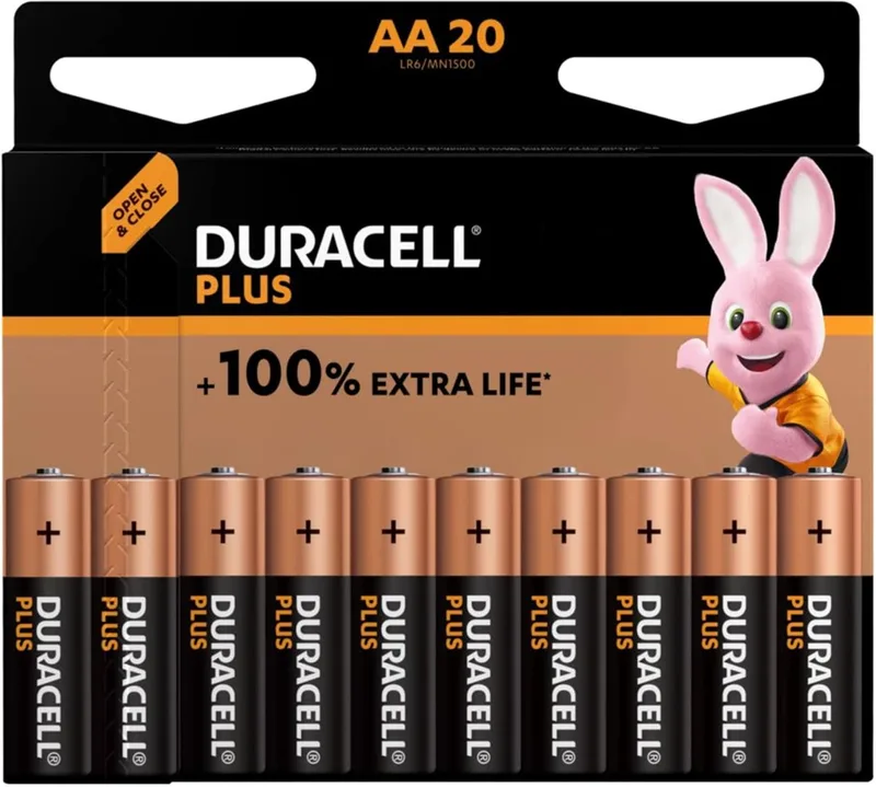Duracell ▫️ Pilhas Plus AA (Embalagem de 20) - Pilhas alcalinas de 1,5 V - Até 150% de vida útil extra com POWER BOOST - Facilidade de utilização em aparelhos do dia a dia - Embalagem com 0% de plástico - MN1500