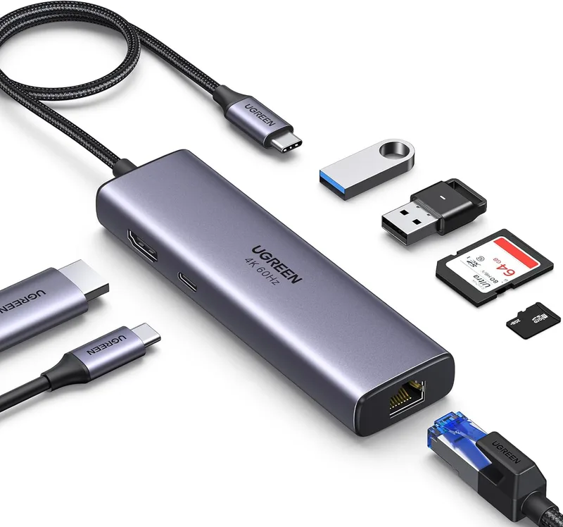 UGREEN ▫️ Revodok 107 Hub USB-C HDMI 4K 60 Hz, adaptador Tipo C, Ethernet RJ45 Gigabit, leitor de cartões SD e TF, PD 100 W, estação de carregamento e docking, compatível com MacBook Neo, iPad Pro, Air, iPhone 17 Pro MAX e Air