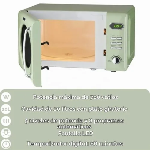 Wolkenstein ▫️ Micro-ondas de chão retro WMW720 I 700 W de potência I 20 L de capacidade de cozedura I 5 níveis de potência I 8 programas de cozedura, função de descongelação, estrutura em metal 2