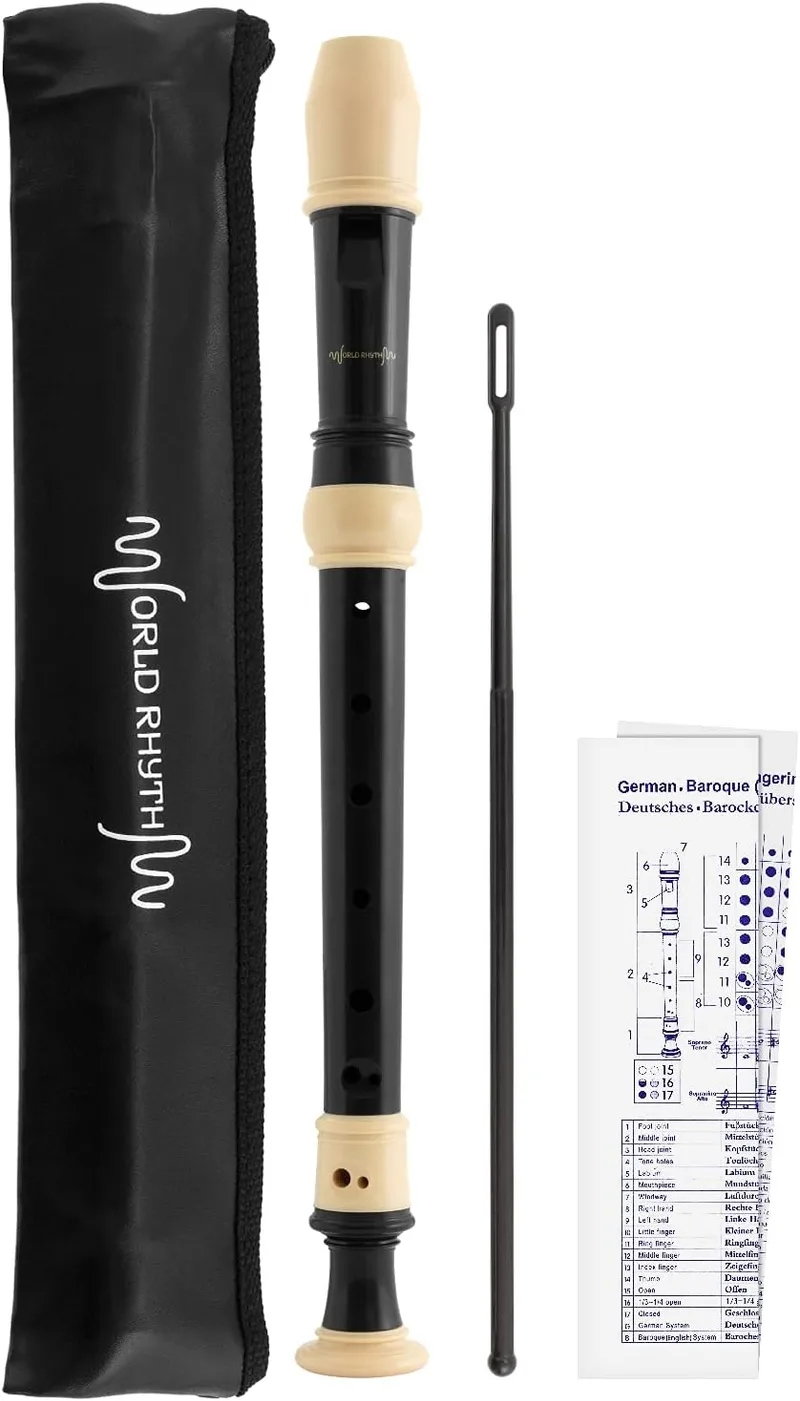 World Rhythm ▫️ WR-805 - Flauta escolar com bolsa, vareta de limpeza e tabela de digitação - Soprano - Digitação inglesa/barroca - Preto e marfim