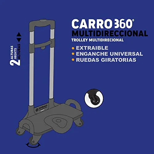 TOYBAGS ▫️ Carrinho Trolley Multidirecional 360° - Rodas giratórias a 360° - Inclui travão dianteiro anti-capotamento e laterais reforçadas - Ideal para adaptar a qualquer mochila - 6