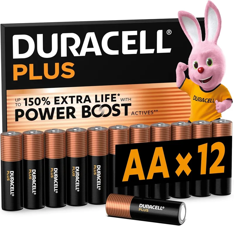 Duracell ▫️ Pilhas Plus AA (Embalagem de 12) – Pilhas alcalinas de 1,5 V – Até 150 % de autonomia adicional com os ativos POWER BOOST – Fiabilidade para dispositivos do dia a dia – Embalagem com 0 % de plástico – MN1500