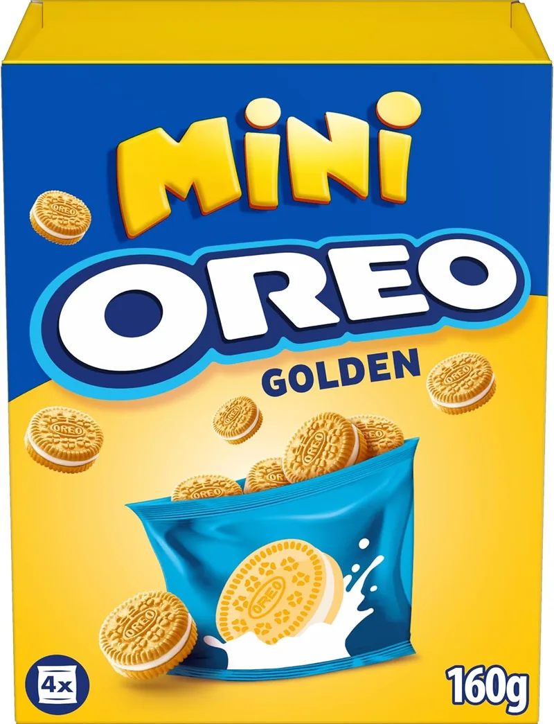 Oreo ▫️ Golden Mini, bolachas recheadas com creme de baunilha; as bolachas Golden são perfeitas para um lanche rápido e fácil; embalagem de 160 g