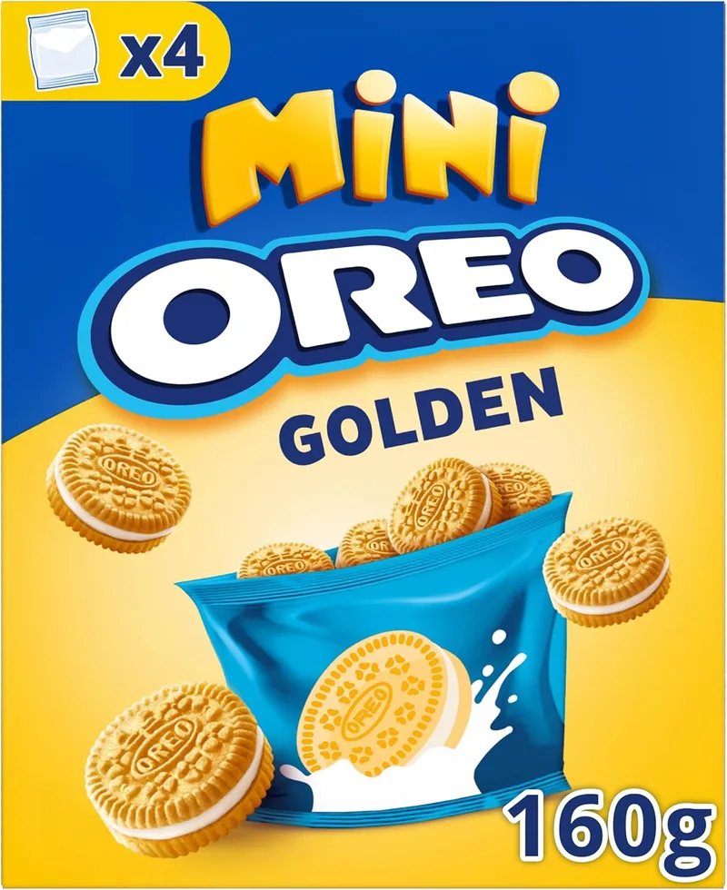 Oreo ▫️ Golden Mini, bolachas recheadas com creme de baunilha; as bolachas Golden são perfeitas para um lanche rápido e fácil; embalagem de 160 g