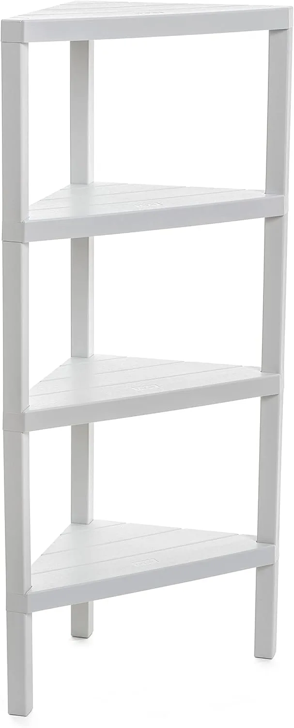Tatay ▫️ Estante de canto para casa de banho com 4 níveis | Resistente à humidade | Inclui fixação com parafusos e compatível com o sistema Quick Fix | Ideal para interior e exterior | Peso até 32 kg - Modelo Lombok - Branco