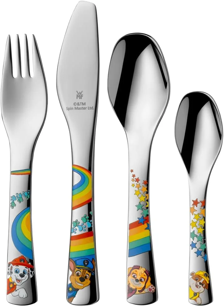 WMF Paw Patrol Canina - Talheres para crianças 4 peças (garfo, faca de mesa, colher e colher pequena)WMF Kids aço inoxidável cromado para crianças, lavável na máquina de lavar louça