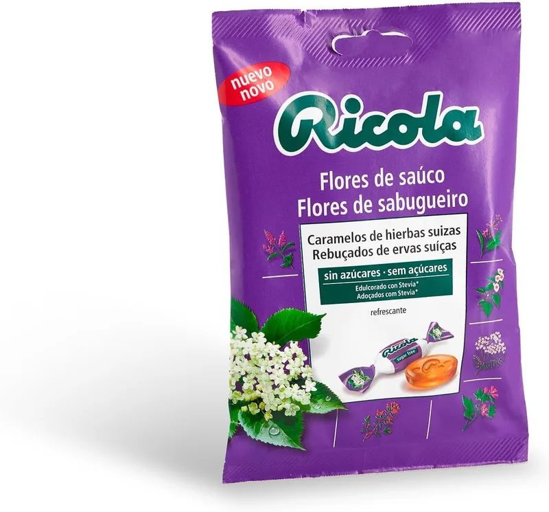 Ricola ▫️ Rebuçados de flor de sabugueiro, refrescam e acalmam a garganta e as vias respiratórias, com flor de sabugueiro, 13 ervas suíças e óleos essenciais, sem açúcar, com adoçante - saco de 70 g