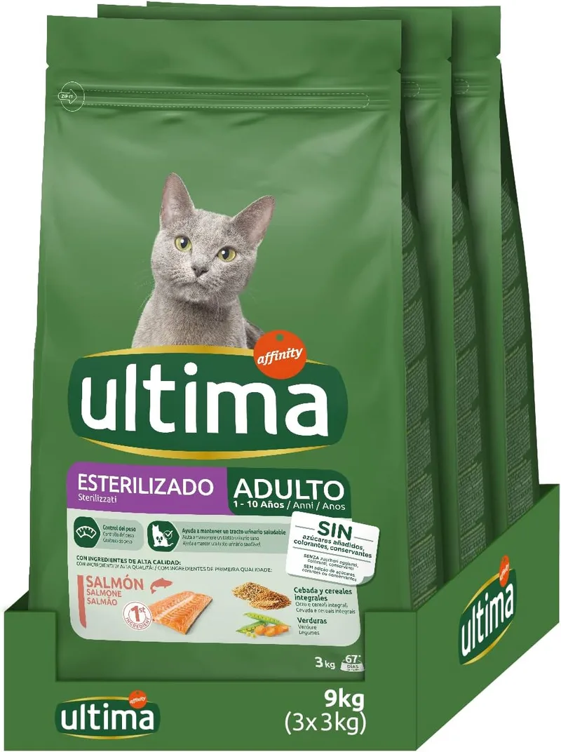 ultima ▫️ Esterilizado Adult Salmon, Ração seca para gatos, Embalagem de 3 x 3 kg, Total: 9 kg