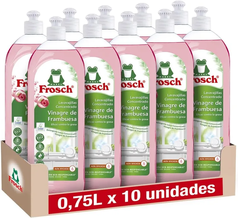Frosch ▫️ Detergente líquido concentrado ecológico para lavar louça à mão com vinagre de framboesa, extra desengordurante e eficaz - Embalagem de 10 unidades de 750 ml