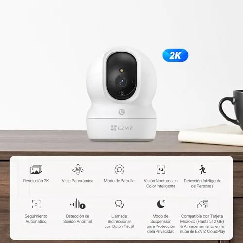 EZVIZ ▫️ Câmara de vigilância 2K Wi-Fi para interiores com acompanhamento automático, câmara IP doméstica Wi-Fi de 360° para bebés com visão noturna a cores, deteção de pessoas, comunicação bidirecional, compatível com 512 GB, CP1 3 MP 2