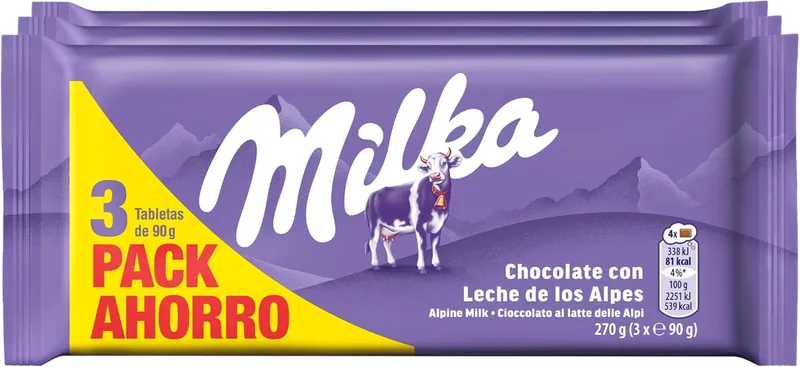 Milka ▫️ Chocolate de leite dos Alpes, embalagem de 3x90 g