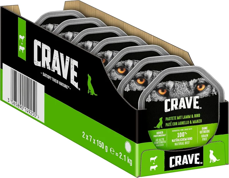 CRAVE ▫️ Adult Dog Food com carne de borrego e de vaca, 14 tigelas, 7 x 150 g (2 unidades) - Alimento húmido premium para cães com elevado teor de proteínas e sem adição de cereais