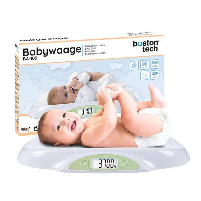 Boston Tech ▫️ Balança para bebés e animais de estimação. Balança digital com ecrã LCD retroiluminado. Para recém-nascidos. Funções ZERO e TARA, precisão de 5 gramas. Pilhas incluídas. Capacidade de 25 kg. Modelo BA 105