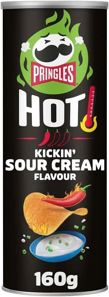 Pringles ▫️ Hot Kicking Sour Cream: Snack Hot Kicking com sabor a creme azedo: Tubo: 160g