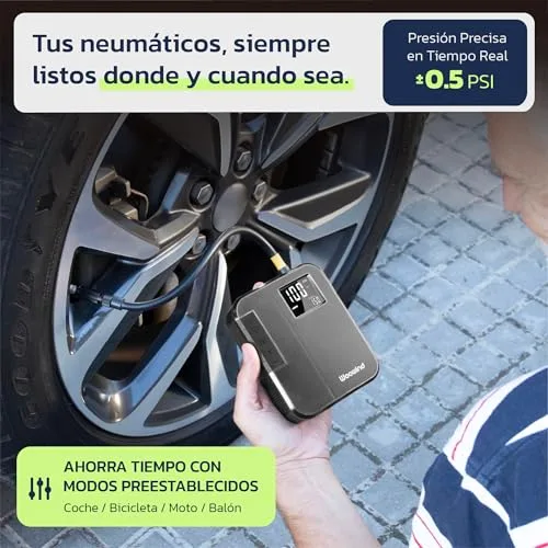 Woowind ▫️ DP3 Bomba de ar para pneus de automóvel 150 PSI/10,3 bar, bomba elétrica, compressor de ar portátil, bomba de ar elétrica recarregável para automóvel, bicicleta, motocicleta e bolas (preto) 3