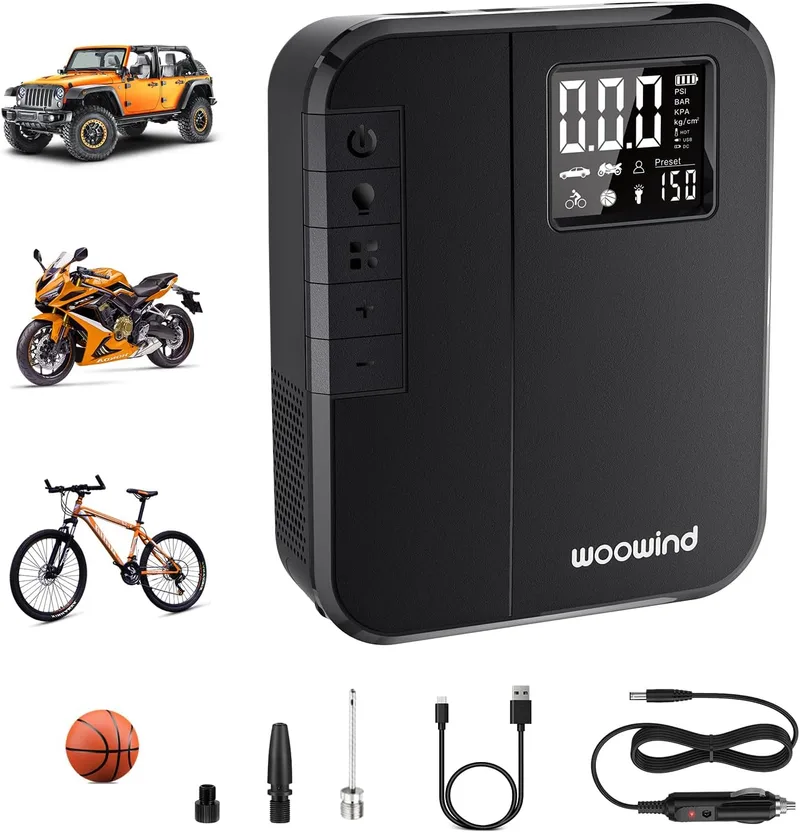 Woowind ▫️ DP3 Bomba de ar para pneus de automóvel 150 PSI/10,3 bar, bomba elétrica, compressor de ar portátil, bomba de ar elétrica recarregável para automóvel, bicicleta, motocicleta e bolas (preto)