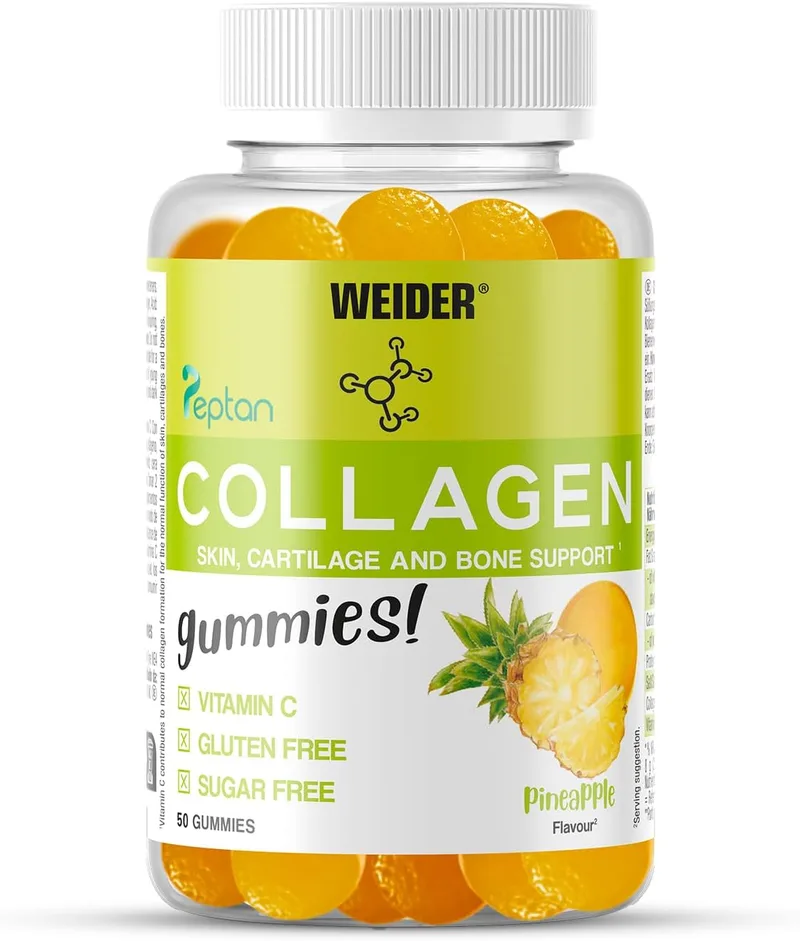 Weider ▫️ Collagen Gummies (50 gomas) Sabor a ananás. Gomas de Colagénio Hidrolisado Peptan com Vitamina C. Para pele, ossos e articulações. Sem açúcar e sem glúten.